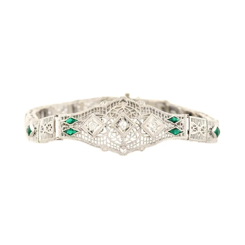 Art Deco 14k Diamond and Synthetic Emerald Filigree Belly Line Bracelet