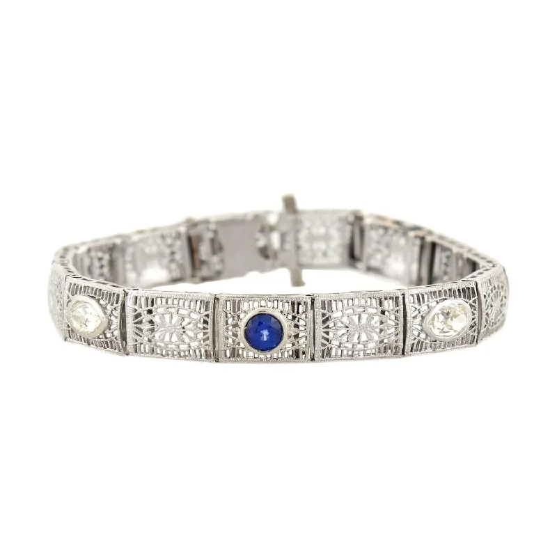 Art Deco 14k Pear Cut Diamond and Sapphire Filigree Line Bracelet