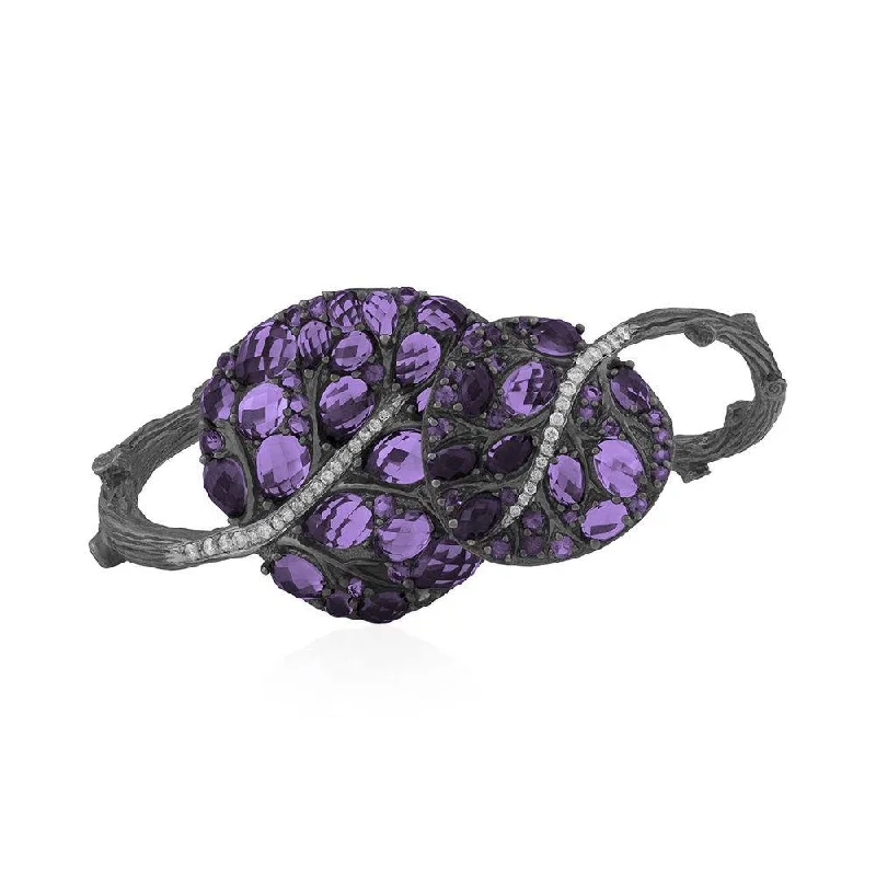 Botanical Leaf Gemstone Bracelet w/ Amethyst & Diamonds in Black Rhodium & Sterling Silver