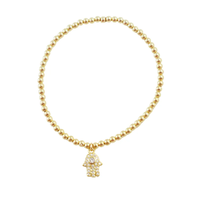 "Hamsa Solitaire" CZ Charm Gold Filled Ball Bead Bracelet