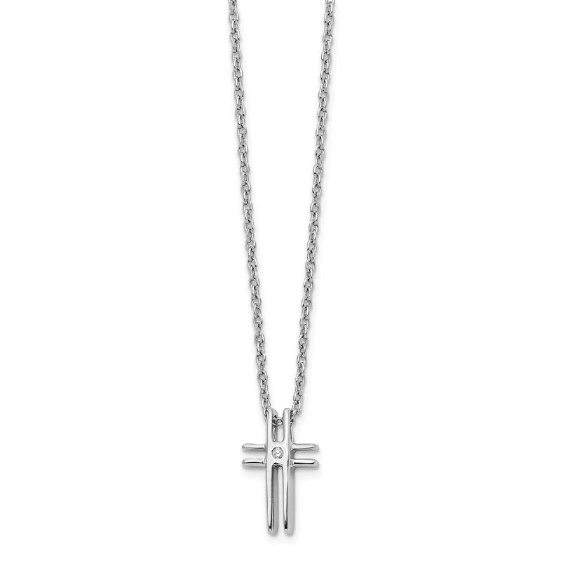 .01 Carat Diamond Cross Necklace in Rhodium Plated Silver, 18-20 Inch