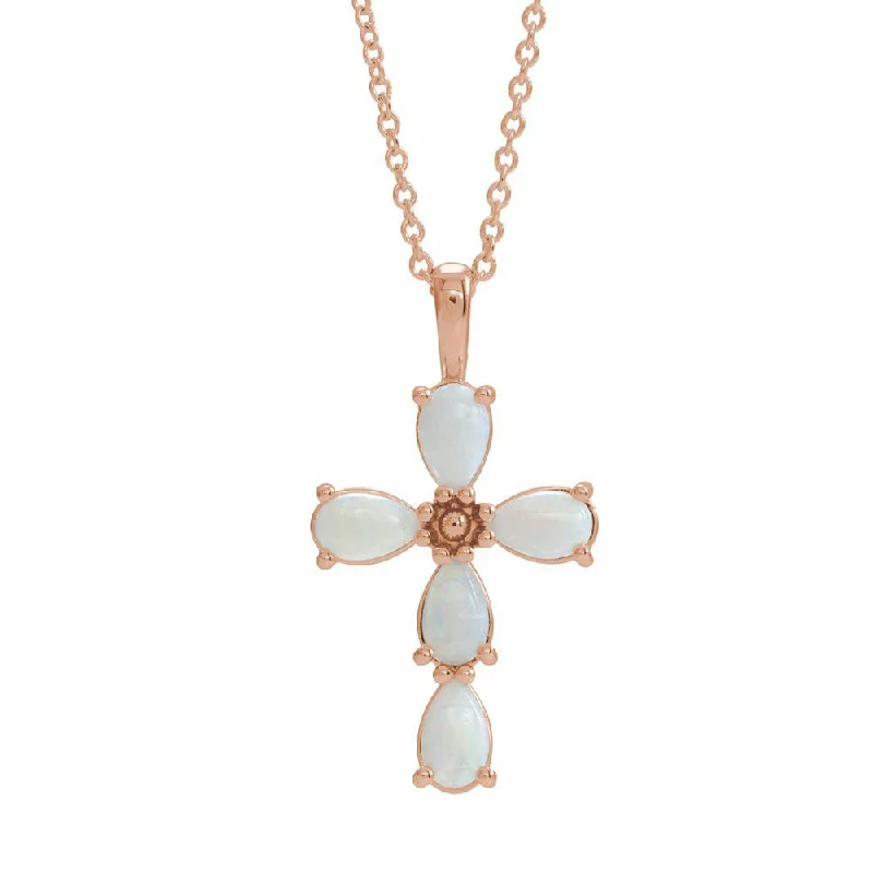 14K White, Yellow, or Rose Gold, White Opal Cross Necklace, 16-18 Inch