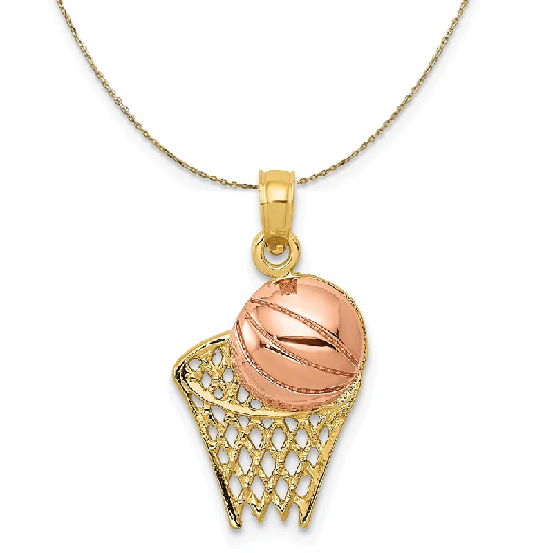 14k Yellow and Rose Gold Basketball Hoop and Ball Necklace