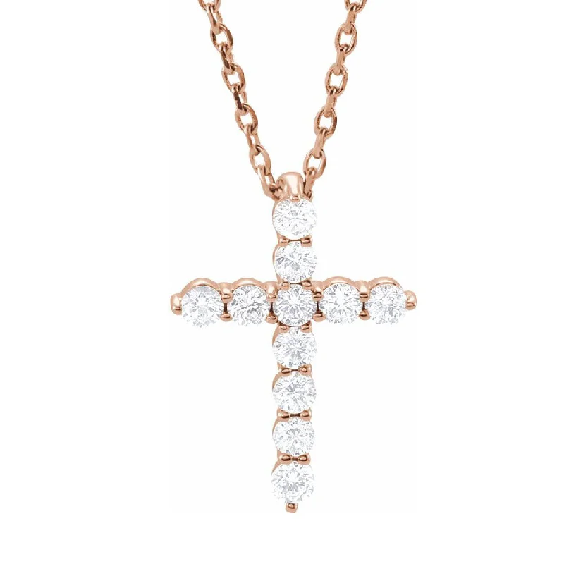 14K Yellow, White or Rose Gold Diamond 11-Stone Cross Necklace 16-18in