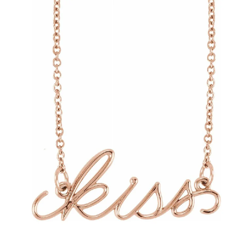 14K Yellow, White or Rose Gold Petite Kiss Script Necklace, 16 Inch