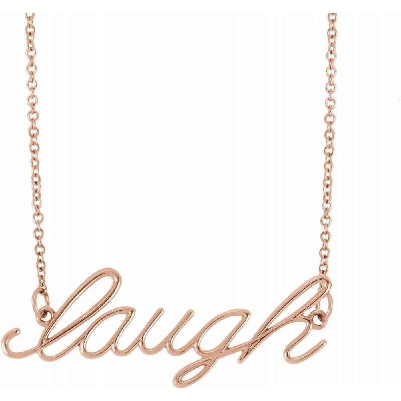 14K Yellow, White or Rose Gold Petite Laugh Script Necklace, 16 Inch