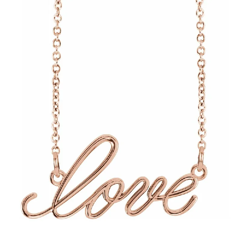 14K Yellow, White or Rose Gold Small Love Script Necklace, 16 Inch