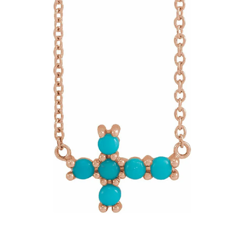 14K Yellow, White or Rose Gold Turquoise Petite Cross Necklace, 18 In