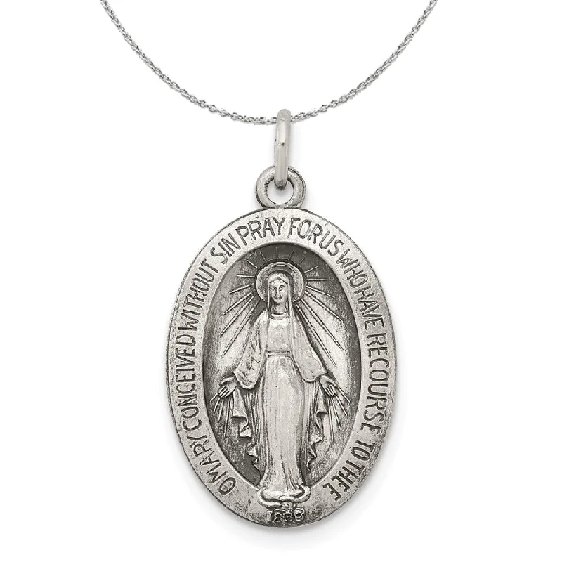 Antiqued Sterling Silver Oval Miraculous Medal Necklace