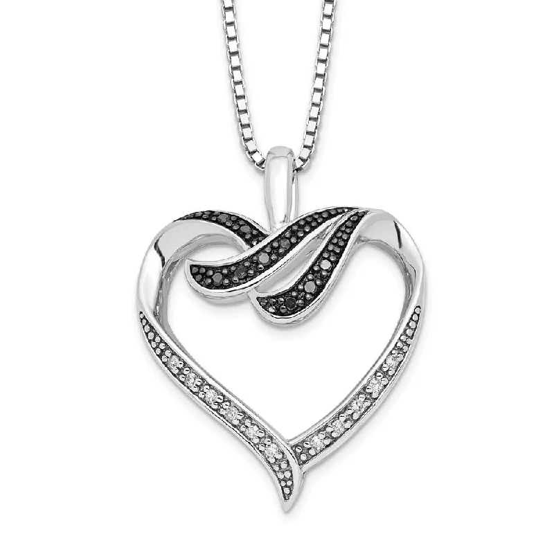 Black & White Diamond 22mm Ribbon Heart Necklace in Sterling Silver