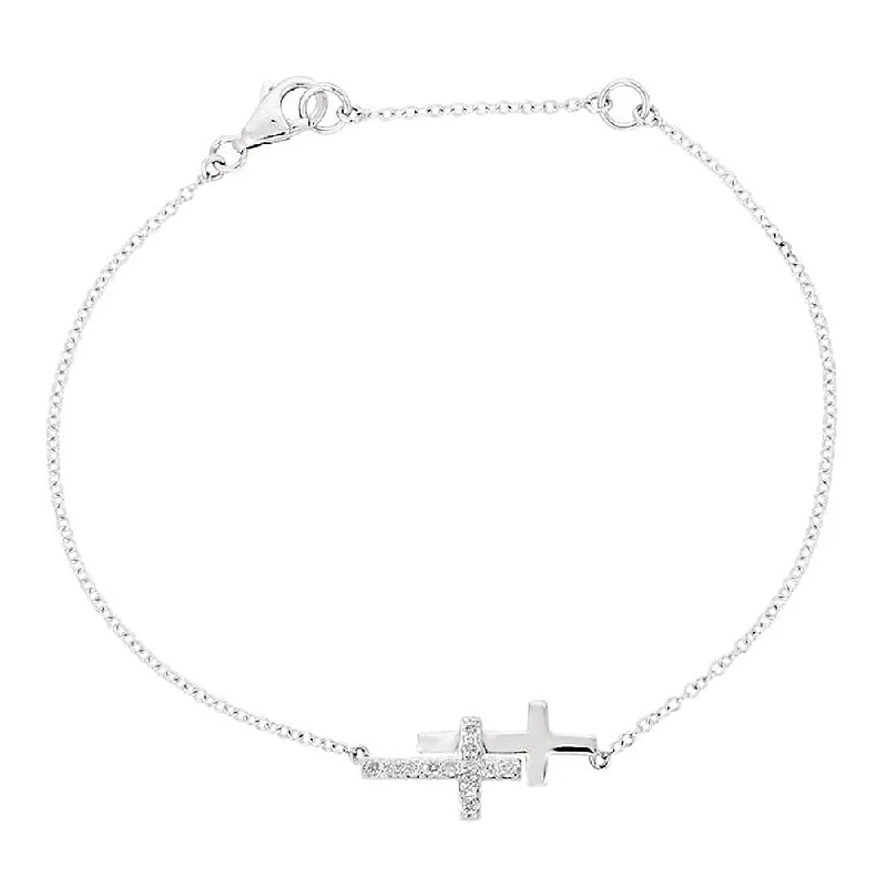 Diamond Double Sideways Cross Necklace in 14k White Gold, 18 Inch