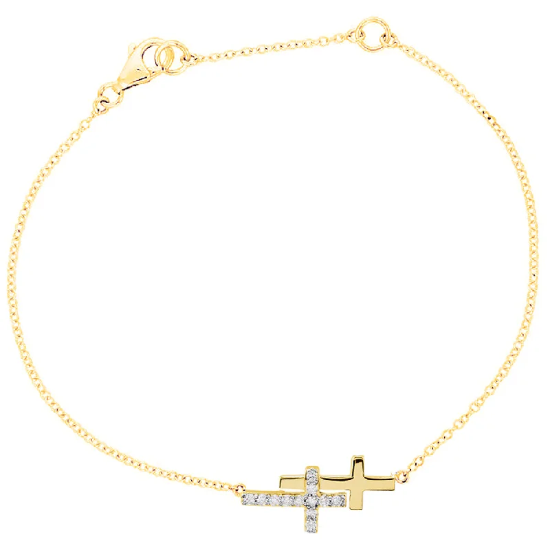 Diamond Double Sideways Cross Necklace in 14k Yellow Gold, 18 Inch