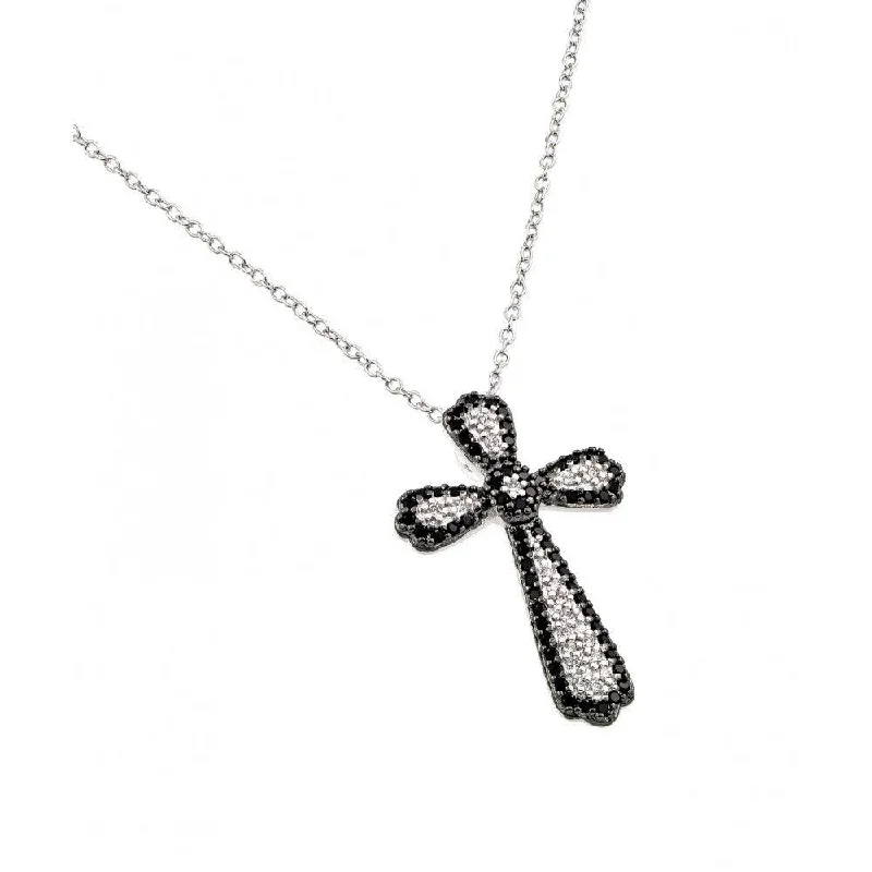 Silver 925 Black and Clear Rhodium Plated Cross CZ Necklace - BGP00778