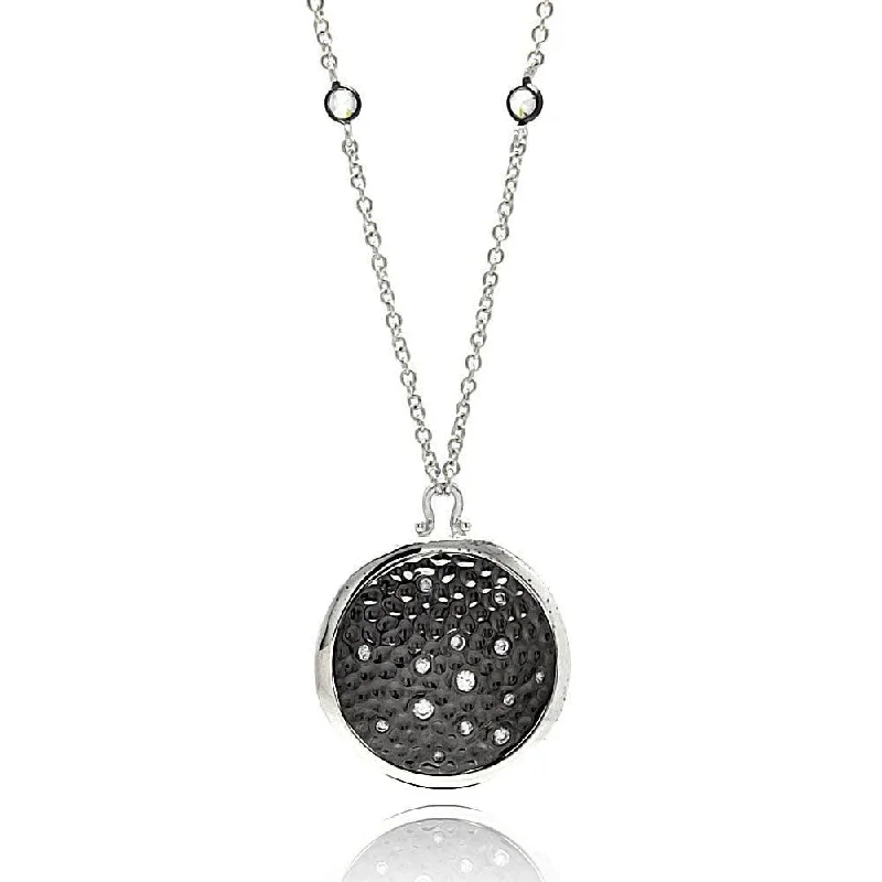 Silver 925 Black Rhodium Plated Black and Clear CZ Circular Pendant Necklace - STP01343