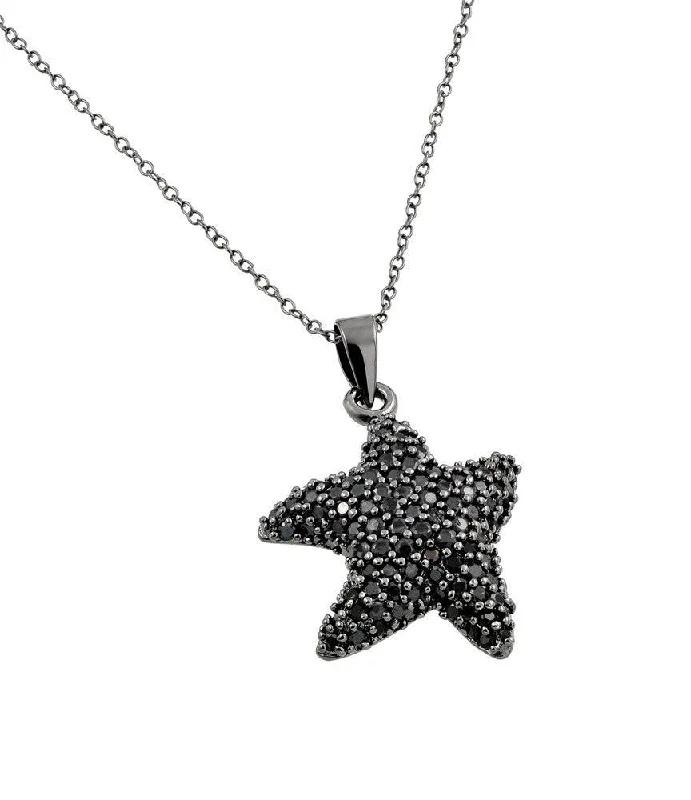 Silver 925 Black Rhodium Plated Black CZ Stone Onyx Star Fish Pendant Necklace - BGP00852