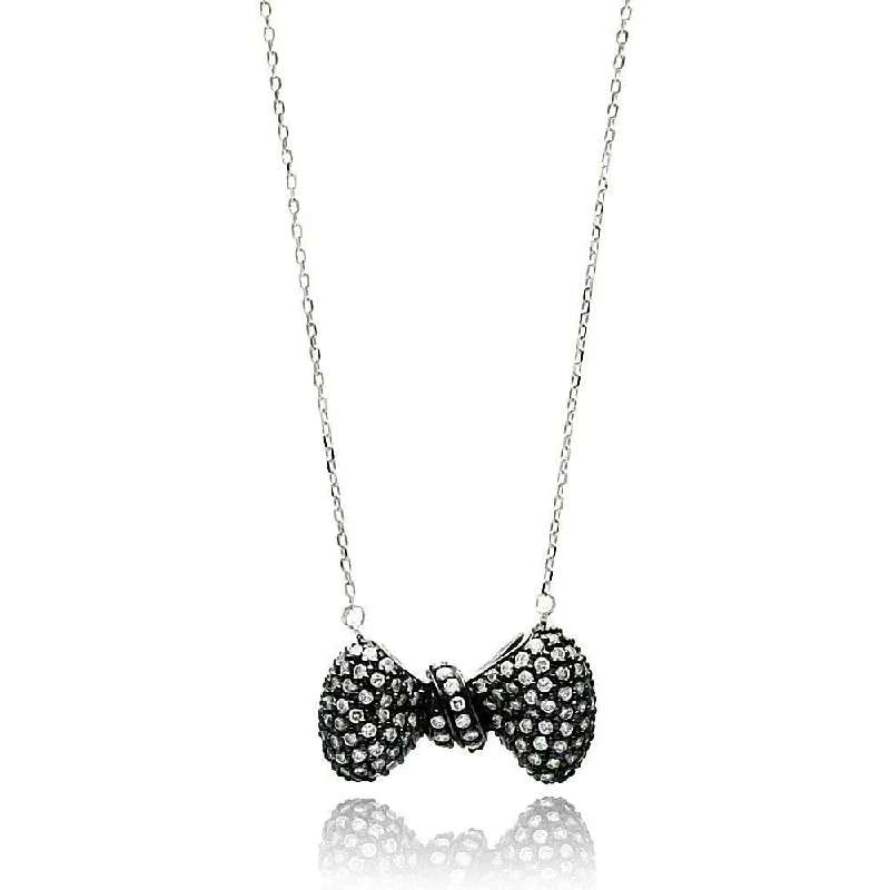 Silver 925 Black Rhodium Plated Bow Clear CZ Inlay Necklace - BGP00659