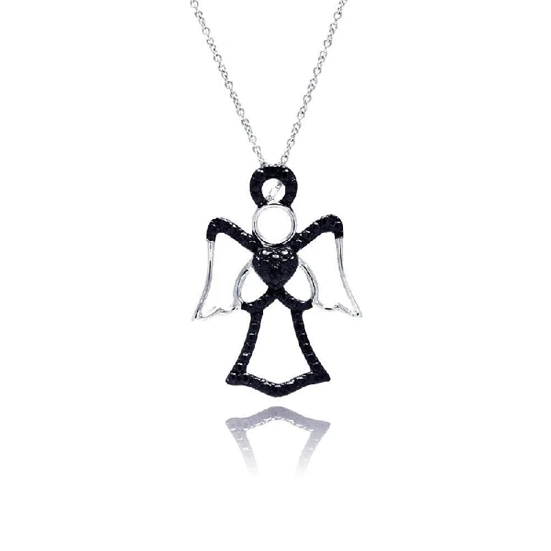 Silver 925 Black Rhodium Plated Clear CZ Angel Pendant Necklace - STP01147