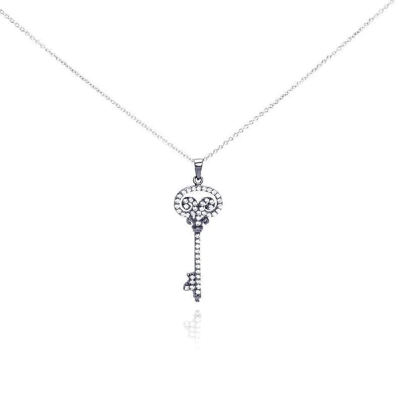 Silver 925 Black Rhodium Plated Clear CZ Key Pendant Necklace - STP00998