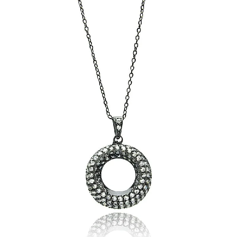 Silver 925 Black Rhodium Plated Open Circle Clear CZ Necklace - BGP00694