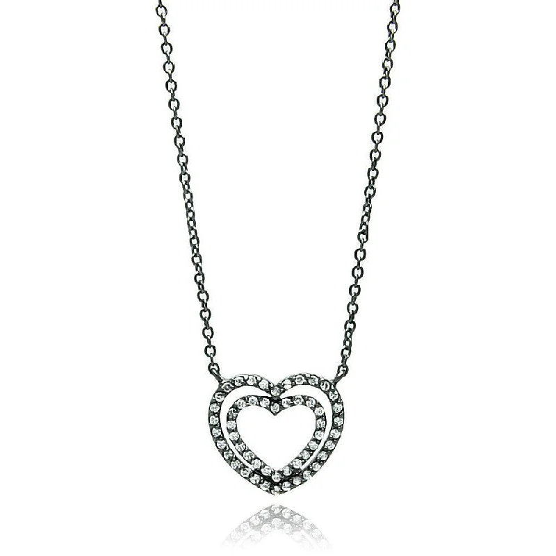 Silver 925 Black Rhodium Plated Open Double Heart CZ Necklace - BGP00693