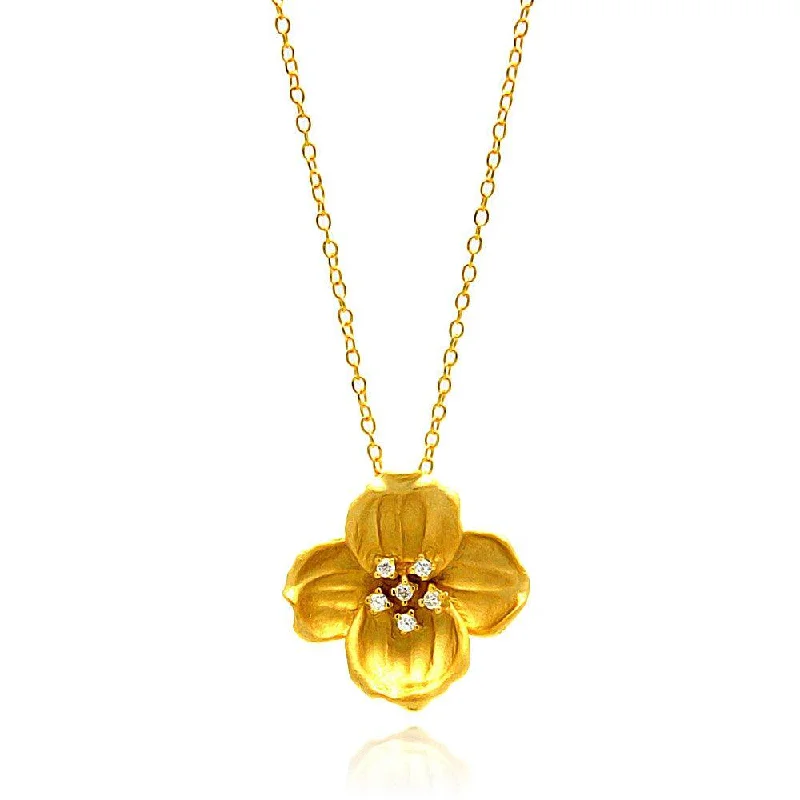 Silver 925 Gold Plated Clear CZ Flower Pendant Necklace - STP00940