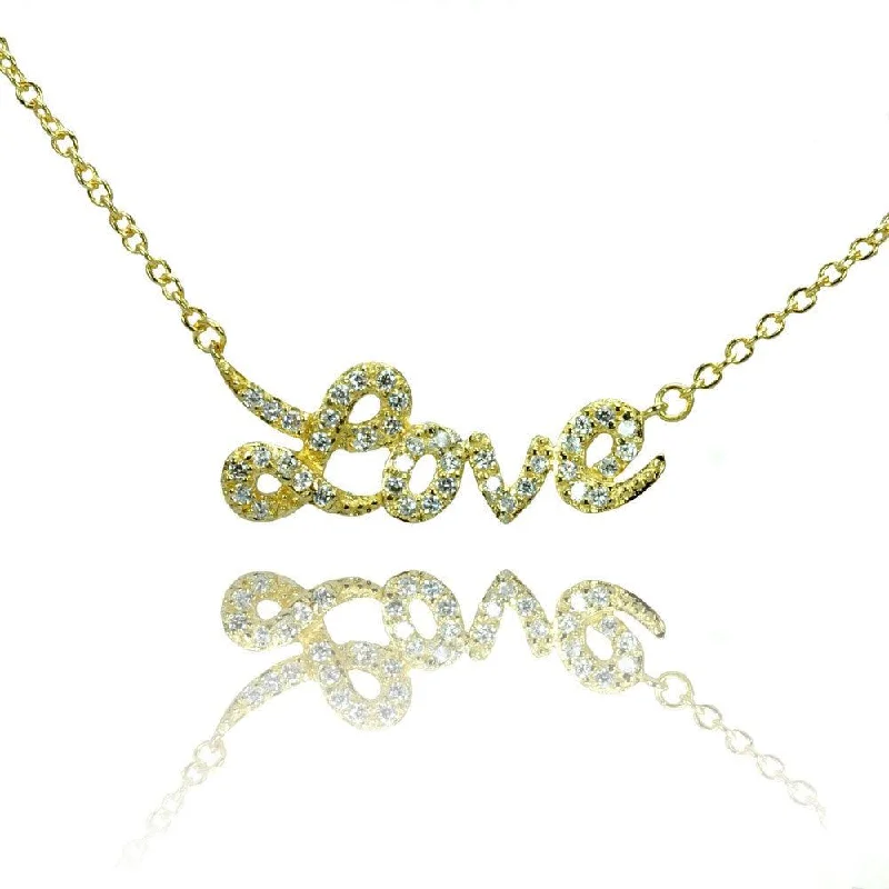 Silver 925 Gold Plated Clear CZ Love Pendant Necklace - STP00854GP