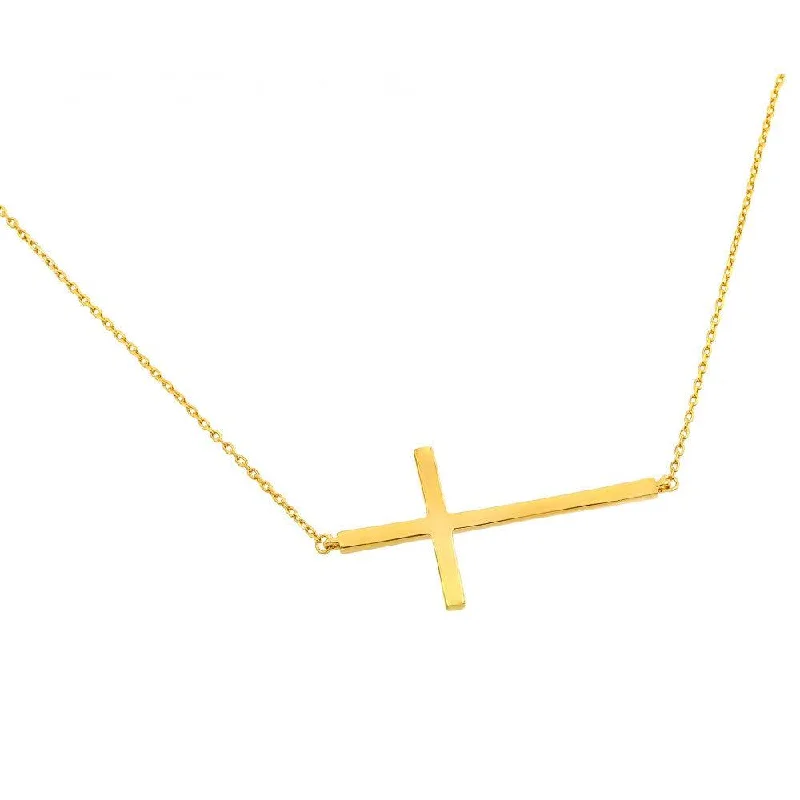 Silver 925 Gold Plated Plain Sideways Solid Cross Pendant Necklace - BGP00820GP