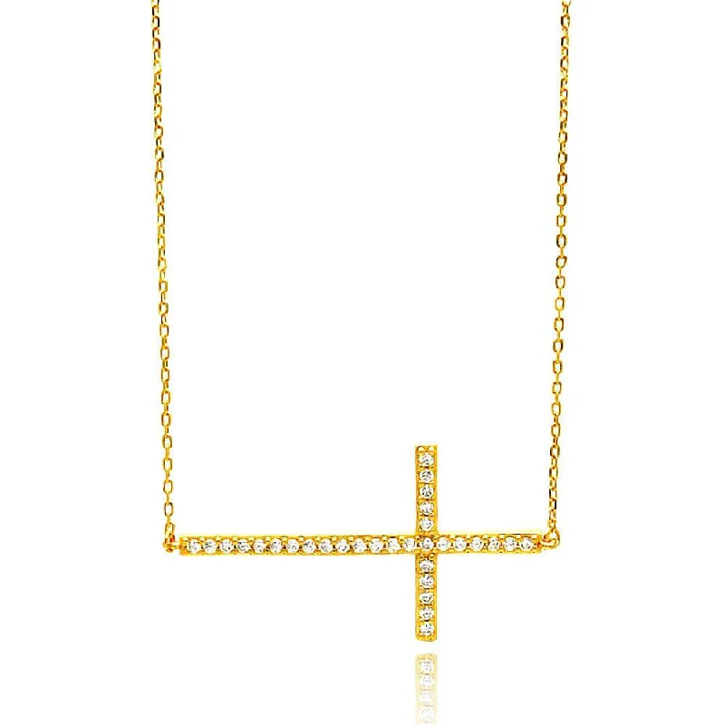 Silver 925 Gold Plated Sideways Cross Clear CZ Necklace - BGP00676