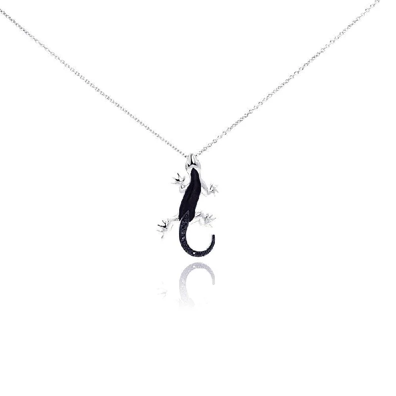 Silver 925 Rhodium and Black Rhodium Plated Black CZ Lizard Pendant Necklace - STP01005