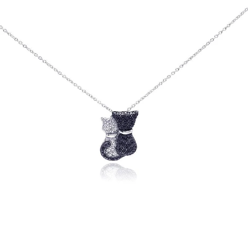 Silver 925 Rhodium and Black Rhodium Plated Clear and Black CZ Kitty Pair Pendant Necklace - STP01049