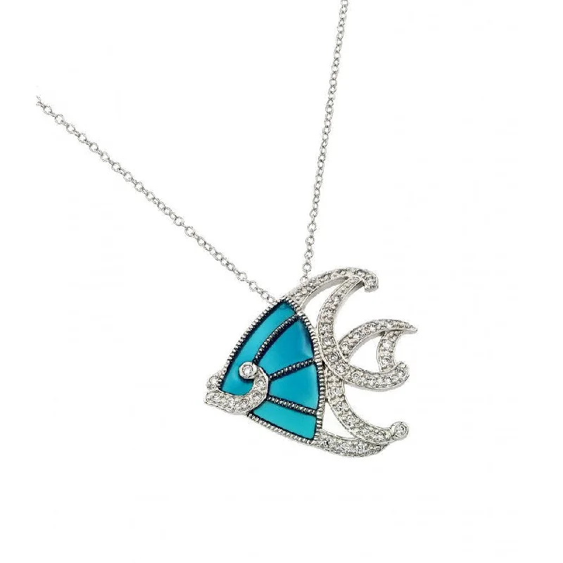 Silver 925 Rhodium and Black Rhodium Plated Clear CZ Stone Blue Fish Pendant Necklace - BGP00856