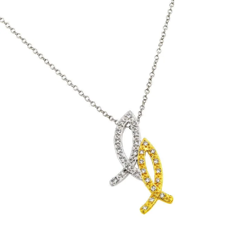 Silver 925 Rhodium Plated and Gold Plated 2 Tone 2 Christian Fish Pendant Necklace - BGP00864