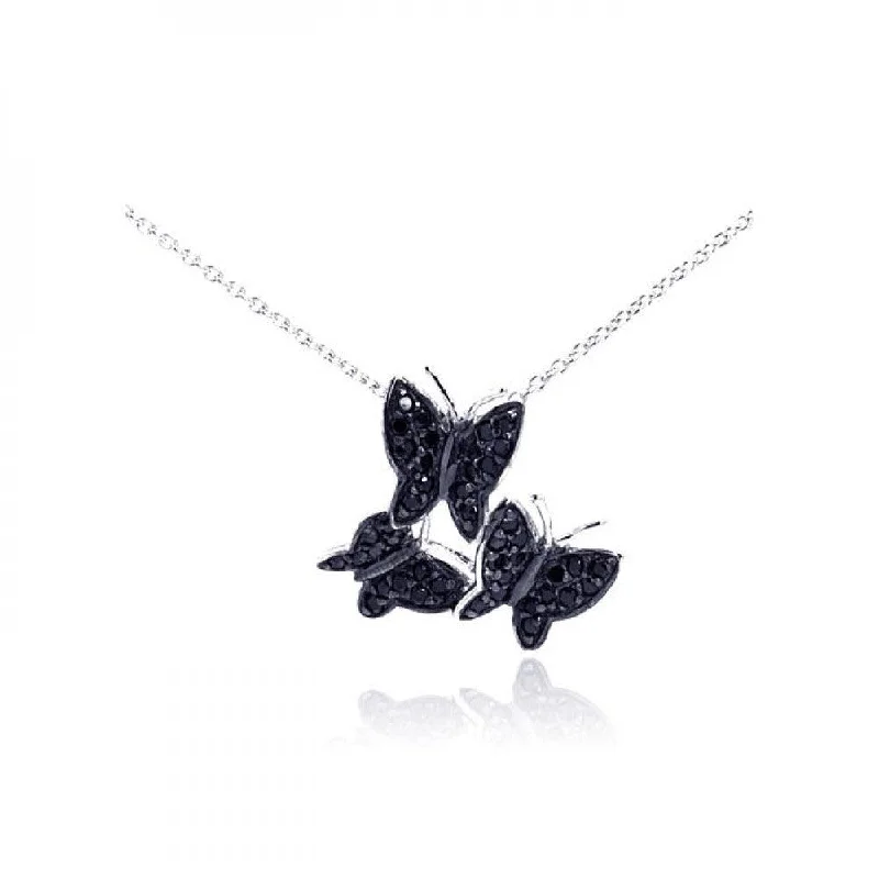 Silver 925 Rhodium Plated Black CZ Butterfly Pendant Necklace - STP01062