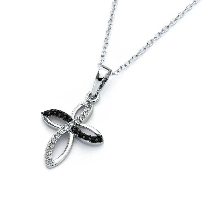 Silver 925 Rhodium Plated Black CZ Petal Cross Pendant Necklace - STP01340