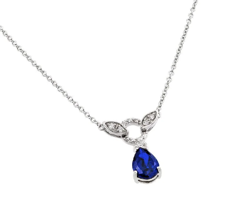 Silver 925 Rhodium Plated Blue and Clear CZ Stone Tear Drop Shape Pendant Necklace - BGP00846B