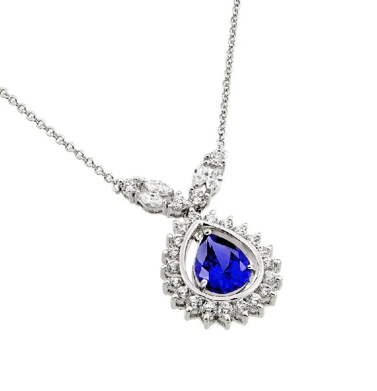 Silver 925 Rhodium Plated Blue CZ Drop Shape Pendant Necklace - BGP00830B