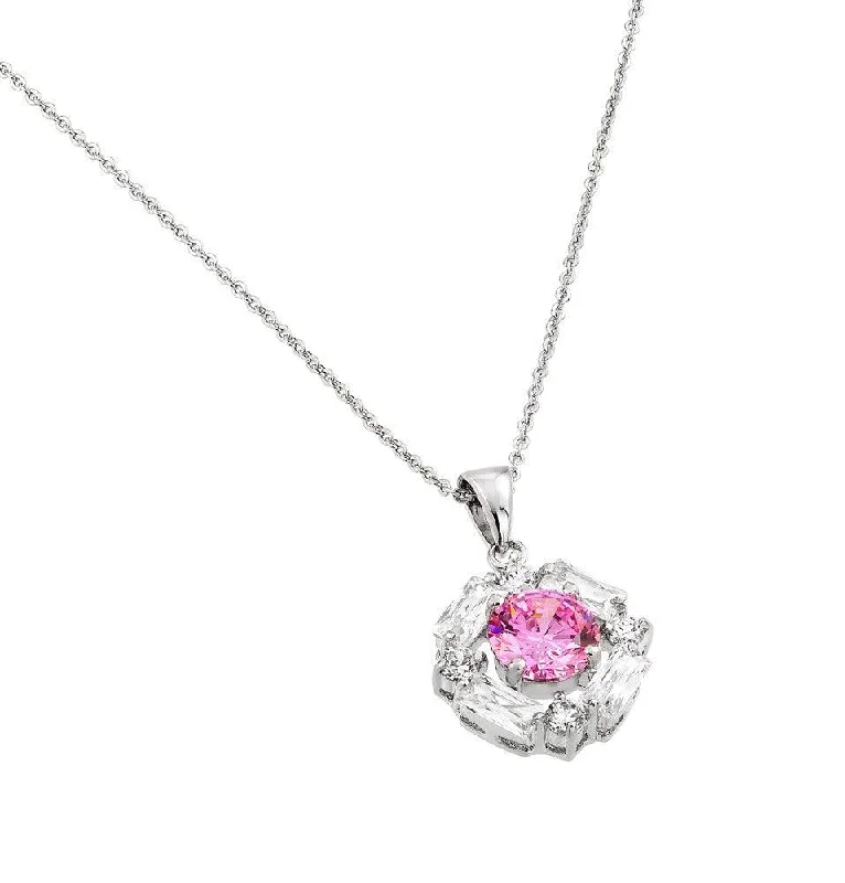 Silver 925 Rhodium Plated Circle Center Pink CZ Necklace - BGP00809PK