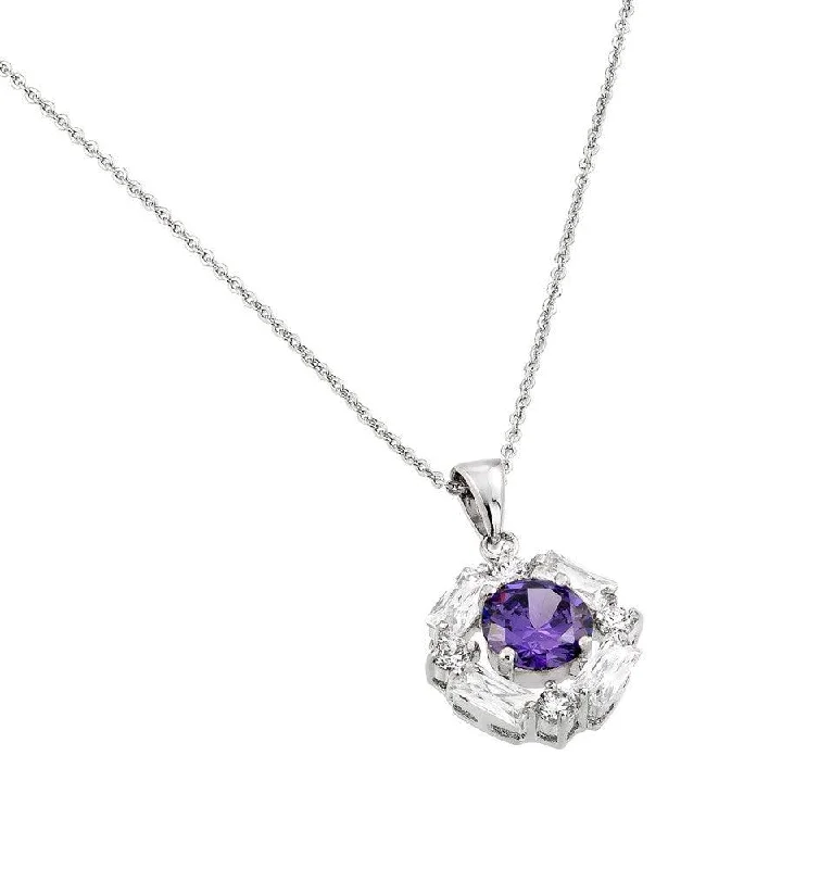 Silver 925 Rhodium Plated Circle Center Purple CZ Necklace - BGP00809P