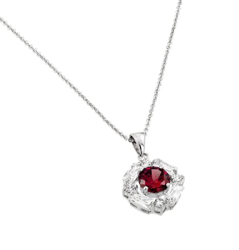 Silver 925 Rhodium Plated Circle Center Red CZ Necklace - BGP00809R