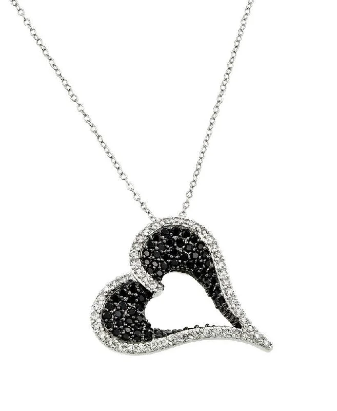 Silver 925 Rhodium Plated Clear and Black CZ Stone Curved Heart Pendant Necklace - BGP00865