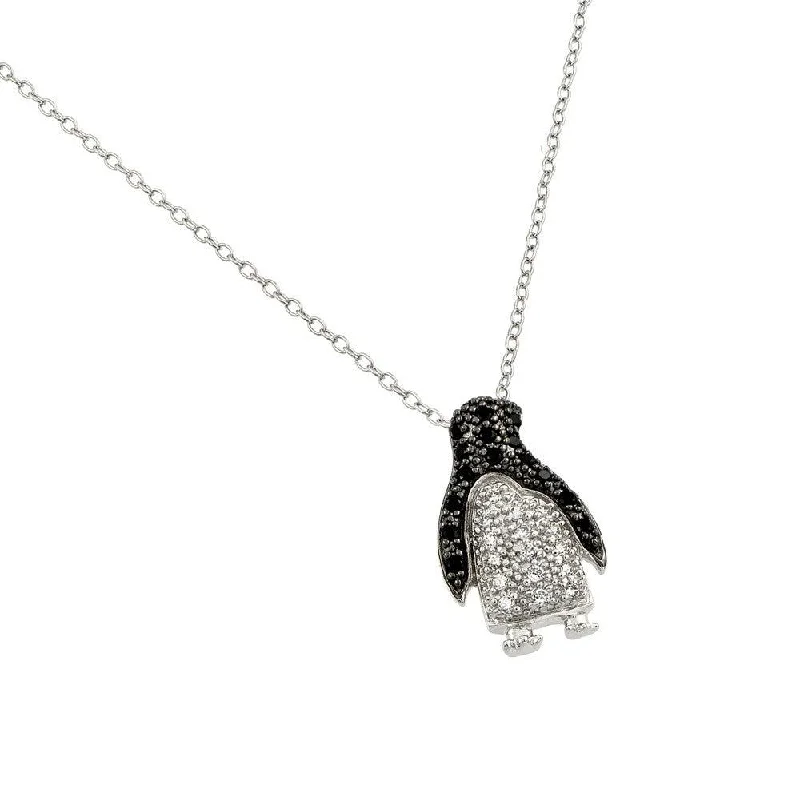 Silver 925 Rhodium Plated Clear and Black CZ Stone Penguin Pendant Necklace - BGP00863