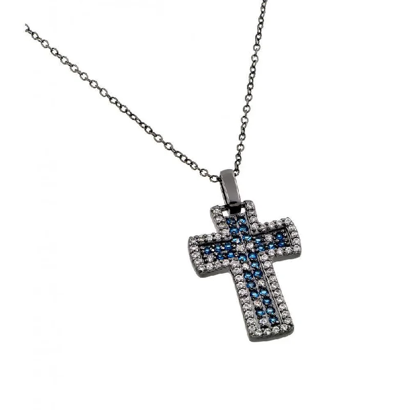 Silver 925 Rhodium Plated Clear and Blue CZ Oxidized Cross Pendant Necklace - BGP00872