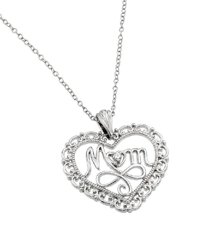 Silver 925 Rhodium Plated Clear CZ at Center Open Heart Mom Pendant Necklace - BGP00839