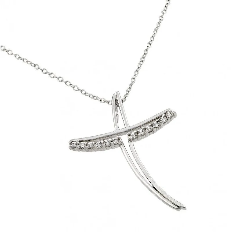 Silver 925 Rhodium Plated Clear CZ at Curved Open Cross Pendant Necklace - BGP00835