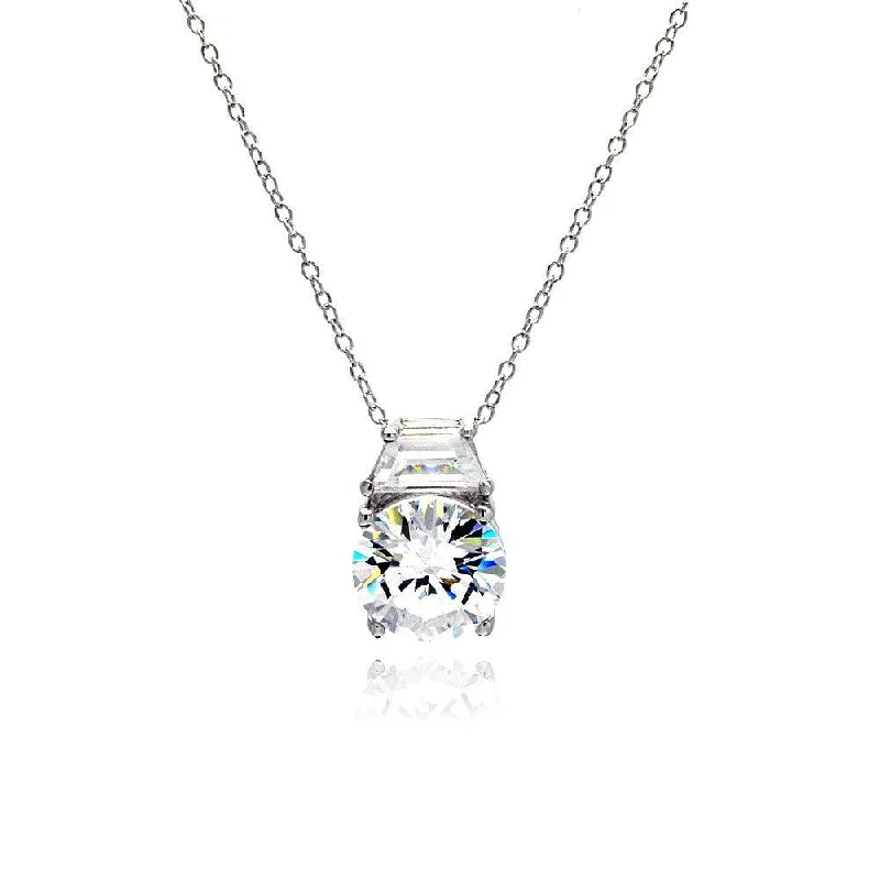 Silver 925 Rhodium Plated Clear CZ Baguette Pendant Necklace - STP01020