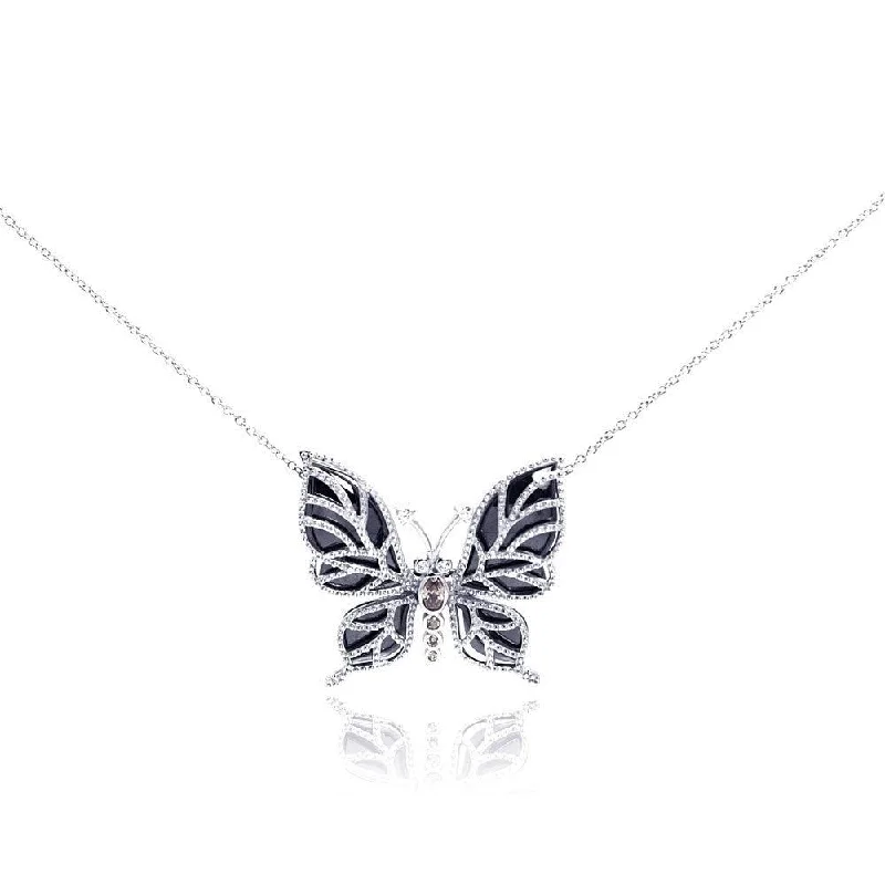 Silver 925 Rhodium Plated Clear CZ Butterfly Onyx Pendant Necklace - STP001016