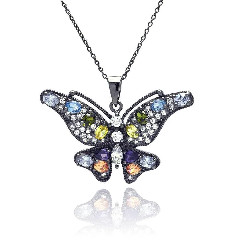 Silver 925 Rhodium Plated Clear CZ Butterfly Pendant Necklace - STP01323