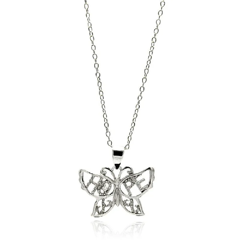 Silver 925 Rhodium Plated Clear CZ Butterfly Pendant Necklace - STP01345