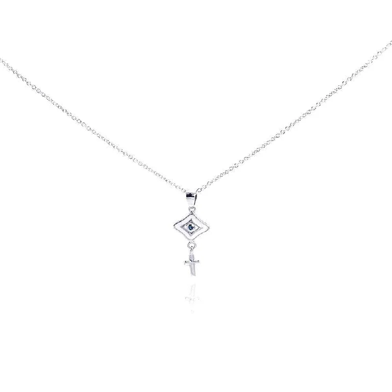 Silver 925 Rhodium Plated Clear CZ Cross Evil Eye Pendant Necklace - STP01010