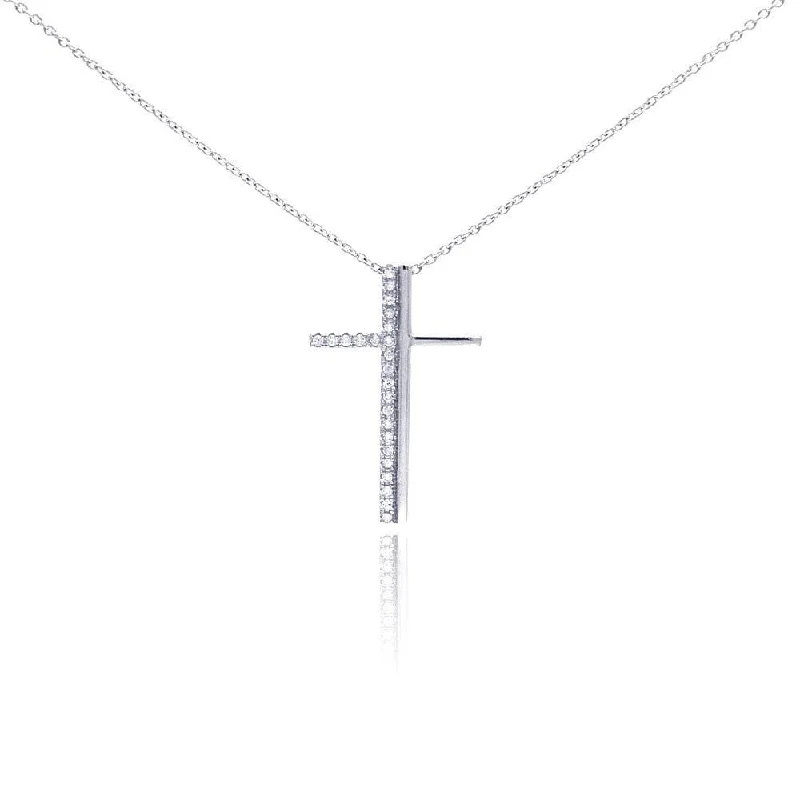 Silver 925 Rhodium Plated Clear CZ Cross Pendant Necklace - STP01047